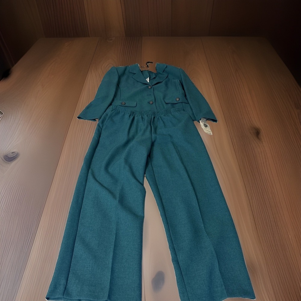 Vintage Nikki Petite Teal Pantsuit 2 Piece Set Blazer Wide Leg Trousers Size 12P